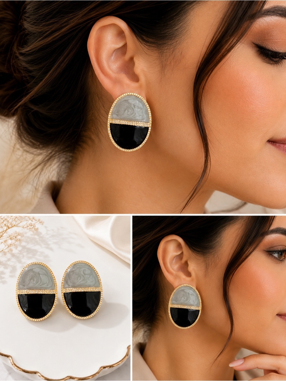 Elegant Black & Gray Oval Resin Stud Earrings | Gold Tone Rhinestone Accent